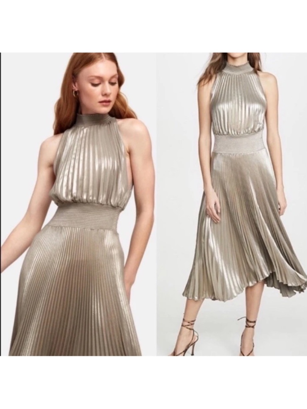 A.L.C. Renzo Pleated Metallic Halter Cocktail Dress In Antique Gold Size 14